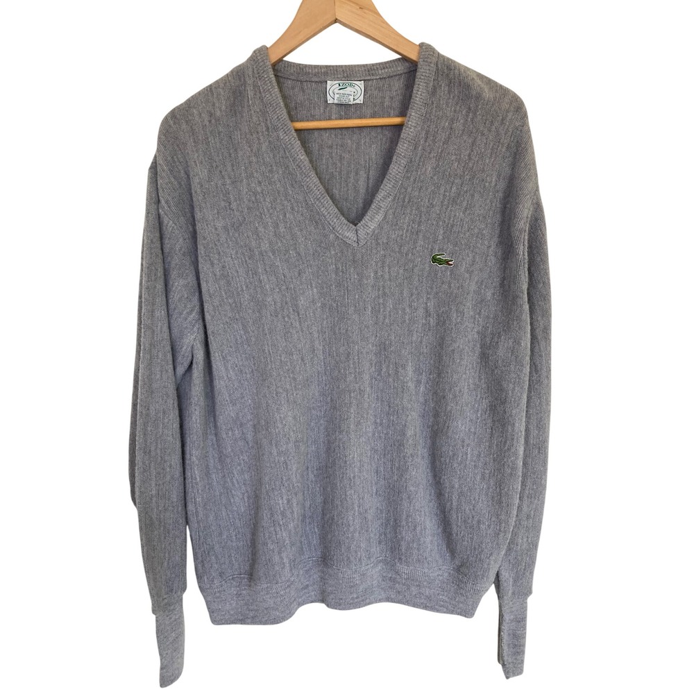 Vintage Izod Lacoste Mens Gray V-Neck Orlon Acrylic Sweater Made in USA Large
